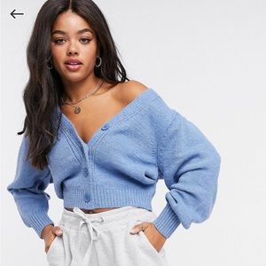 ASOS v neck cardigan with puff sleeve in blue size 8